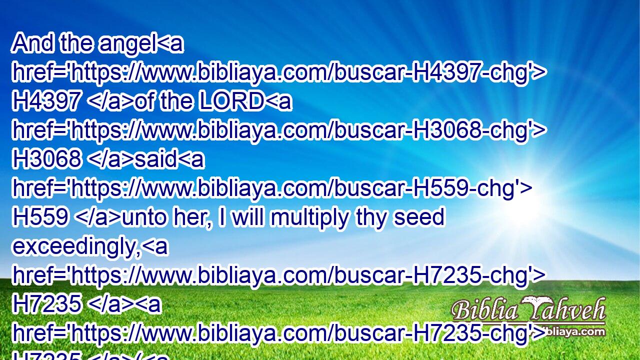 And the angel H4397 of the LORD H3068 said H559 unto her, I will multiply thy seed exceedingly, H7235  H7235 (H853)  H2233 that it shall not H3808 be numbered H5608 for multitude. H4480 H7230
