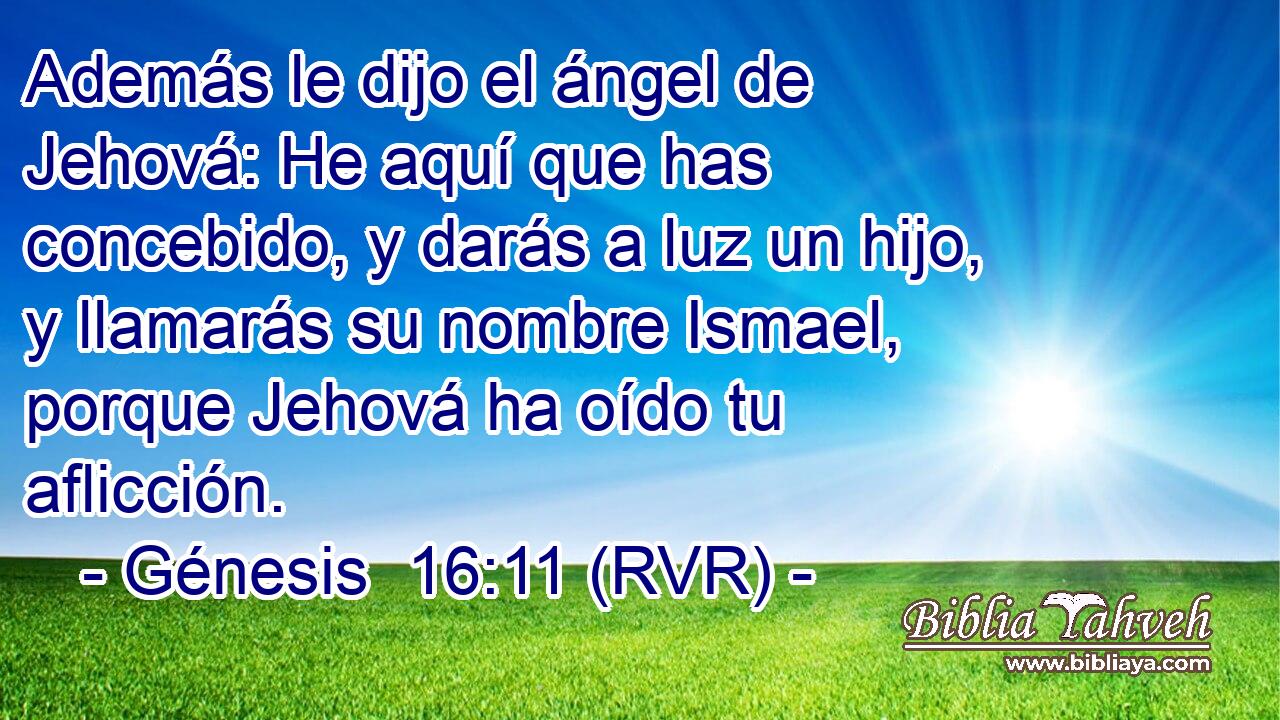 Además le dijo el ángel de Jehová: He aquí que has concebido, y darás a luz un hijo, y llamarás su nombre Ismael, porque Jehová ha oído tu aflicción.