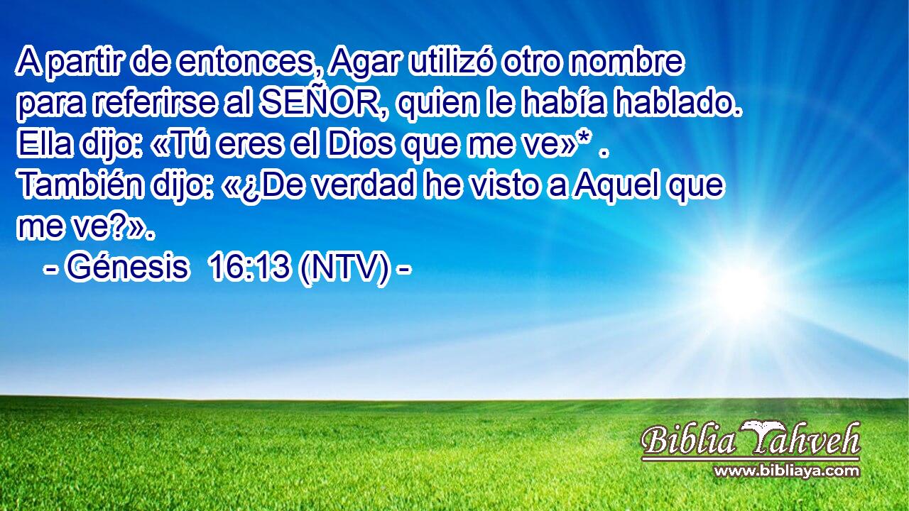 A partir de entonces, Agar utilizó otro nombre para referirse al SEÑOR, quien le había hablado. Ella dijo: «Tú eres el Dios que me ve»* . También dijo: «¿De verdad he visto a Aquel que me ve?».