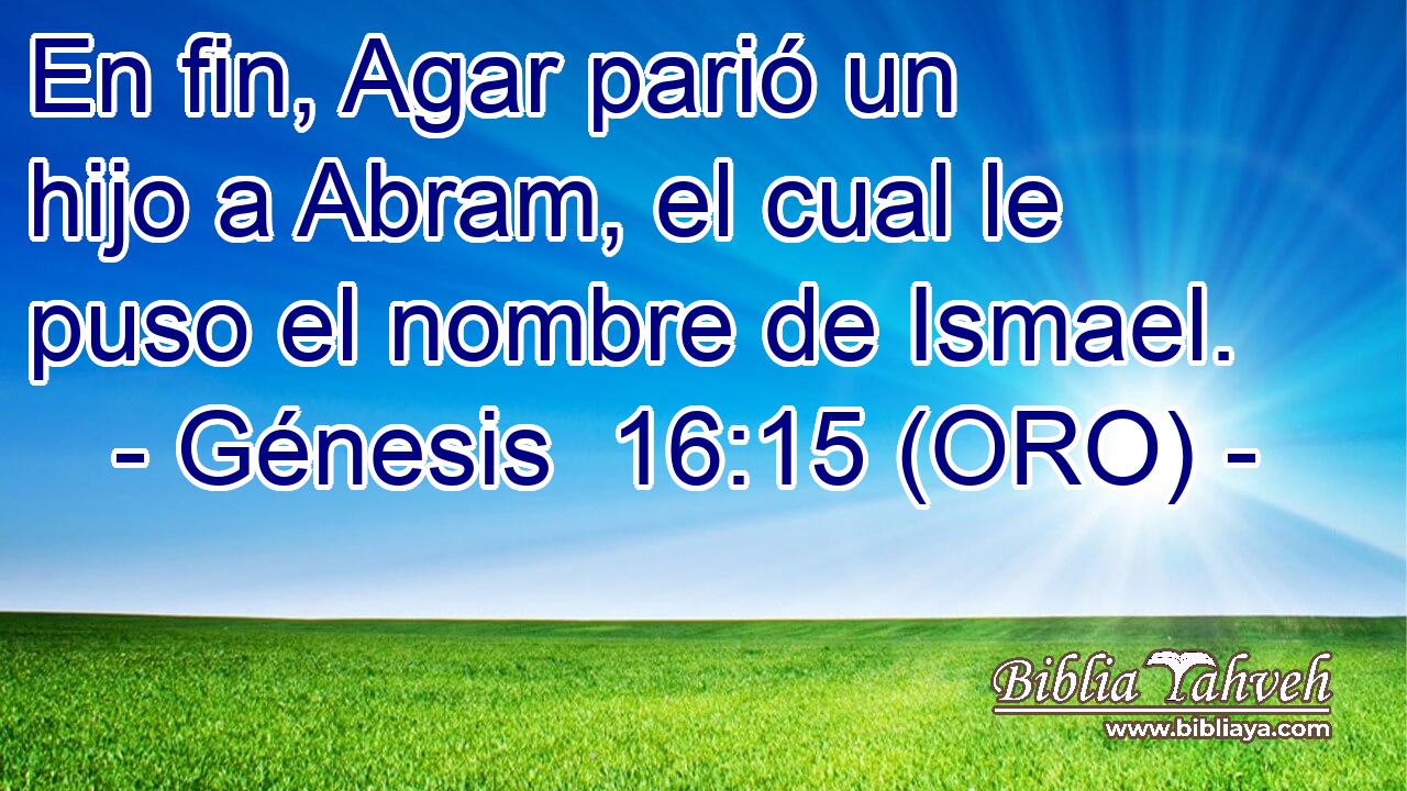  En fin, Agar parió un hijo a Abram, el cual le puso el nombre de Ismael. 