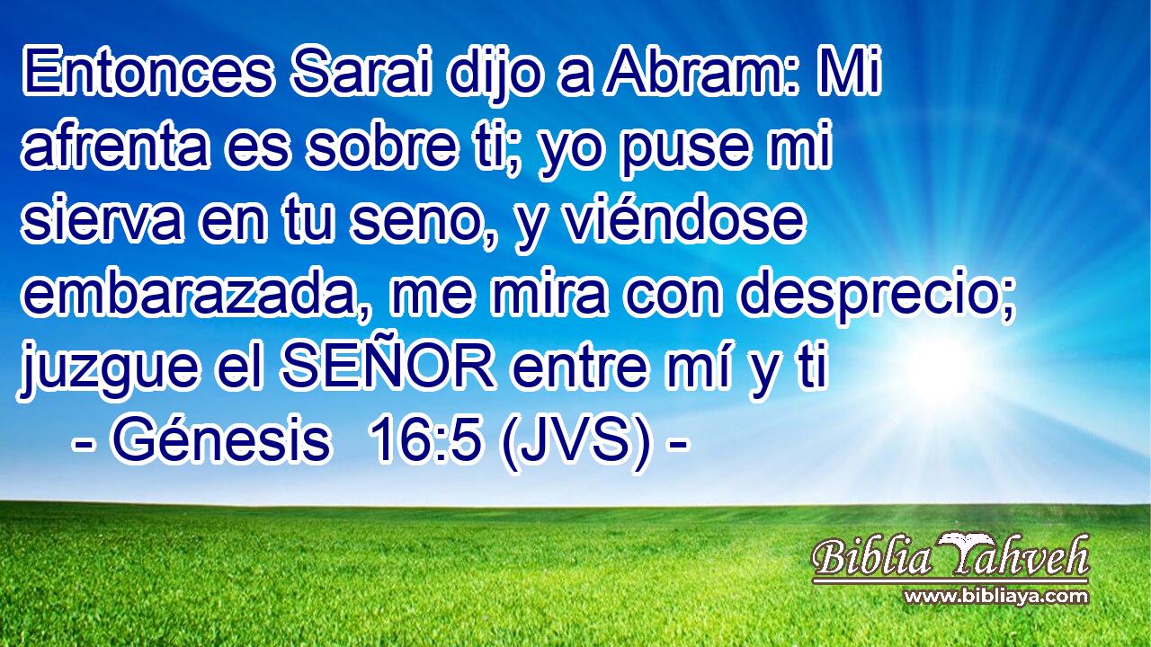 Entonces Sarai dijo a Abram: Mi afrenta es sobre ti; yo puse mi sierva en tu seno, y viéndose embarazada, me mira con desprecio; juzgue el SEÑOR entre mí y ti