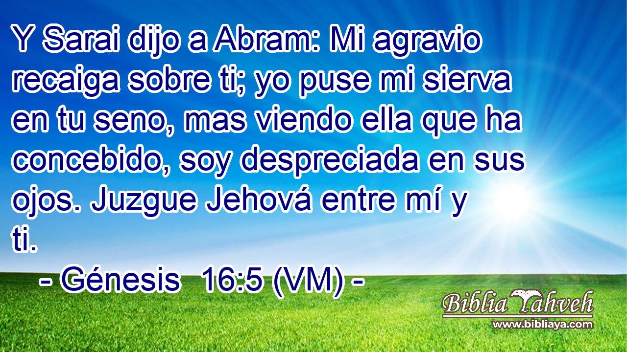  Y Sarai dijo a Abram: Mi agravio recaiga sobre ti; yo puse mi sierva en tu seno, mas viendo ella que ha concebido, soy despreciada en sus ojos. Juzgue Jehová entre mí y ti. 