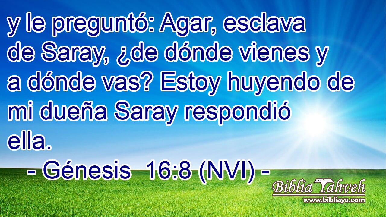  y le preguntó: Agar, esclava de Saray, ¿de dónde vienes y a dónde vas? Estoy huyendo de mi dueña Saray respondió ella. 