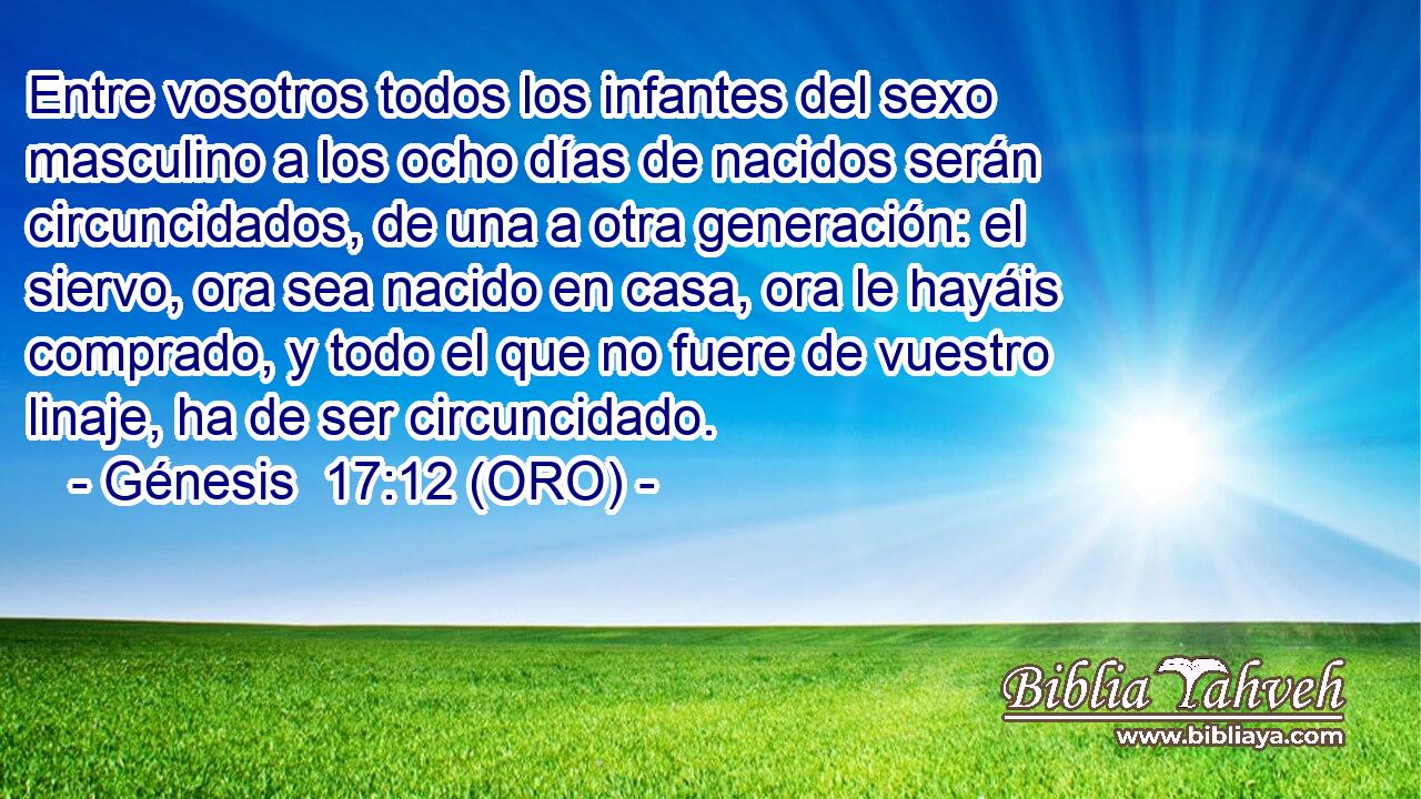  Entre vosotros todos los infantes del sexo masculino a los ocho días de nacidos serán circuncidados, de una a otra generación: el siervo, ora sea nacido en casa, ora le hayáis comprado, y todo el que no fuere de vuestro linaje, ha de ser circuncidado. 