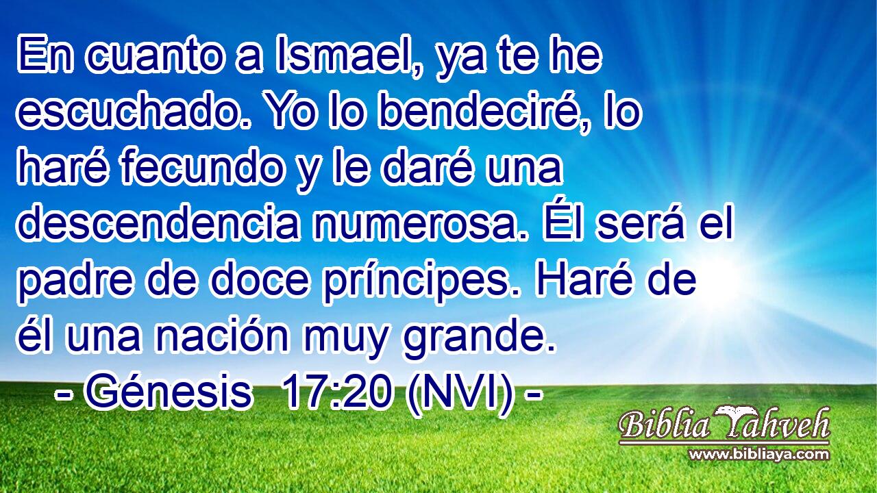  En cuanto a Ismael, ya te he escuchado. Yo lo bendeciré, lo haré fecundo y le daré una descendencia numerosa. Él será el padre de doce príncipes. Haré de él una nación muy grande. 