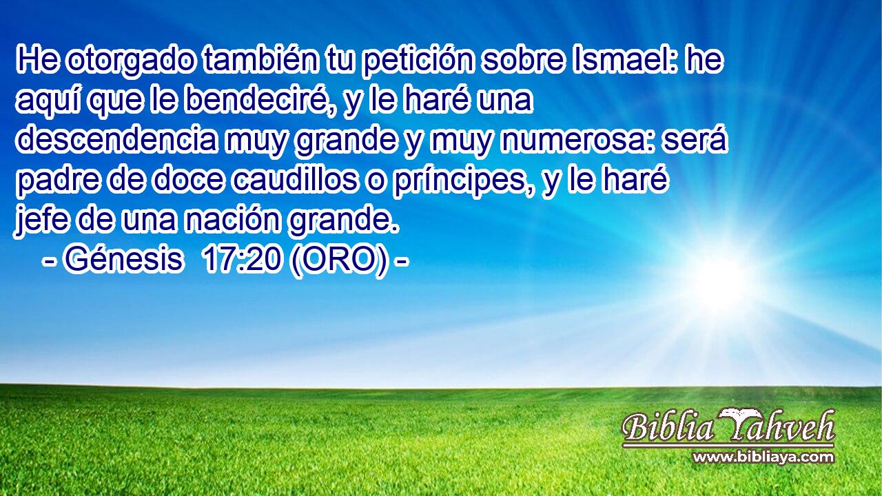  He otorgado también tu petición sobre Ismael: he aquí que le bendeciré, y le haré una descendencia muy grande y muy numerosa: será padre de doce caudillos o príncipes, y le haré jefe de una nación grande. 