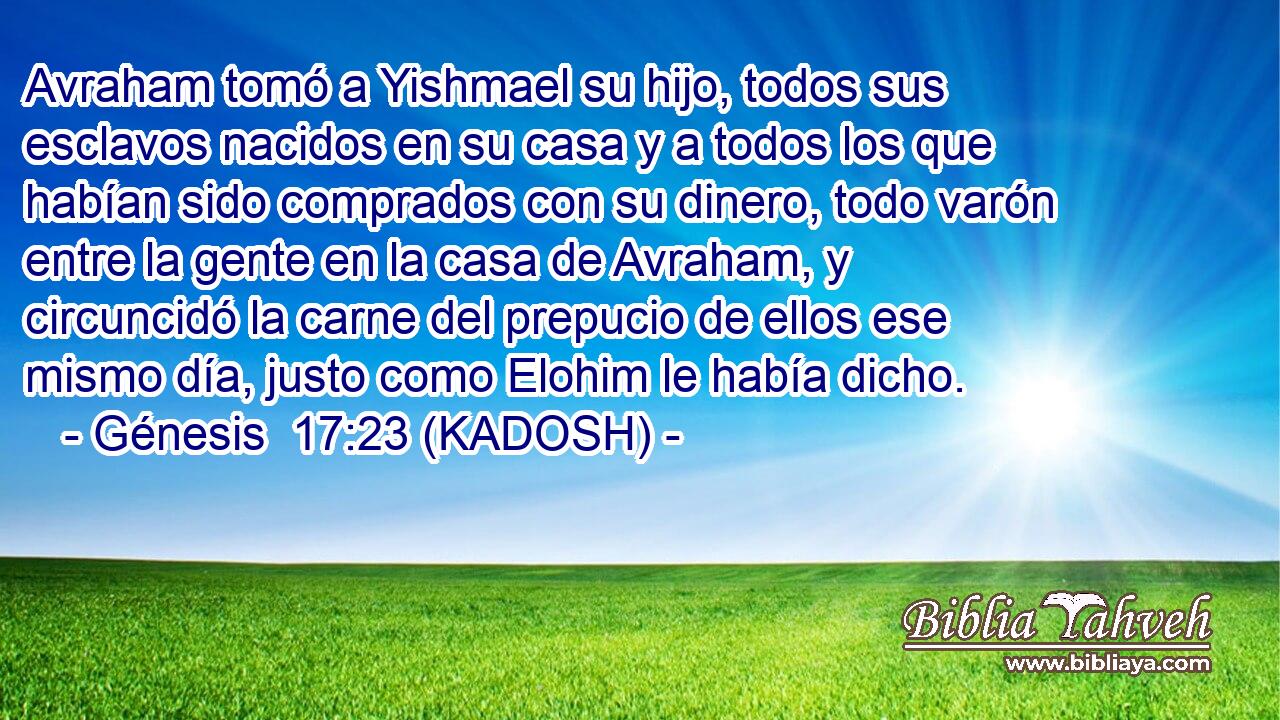  Avraham tomó a Yishmael su hijo, todos sus esclavos nacidos en su casa y a todos los que habían sido comprados con su dinero, todo varón entre la gente en la casa de Avraham, y circuncidó la carne del prepucio de ellos ese mismo día, justo como Elohim le había dicho. 