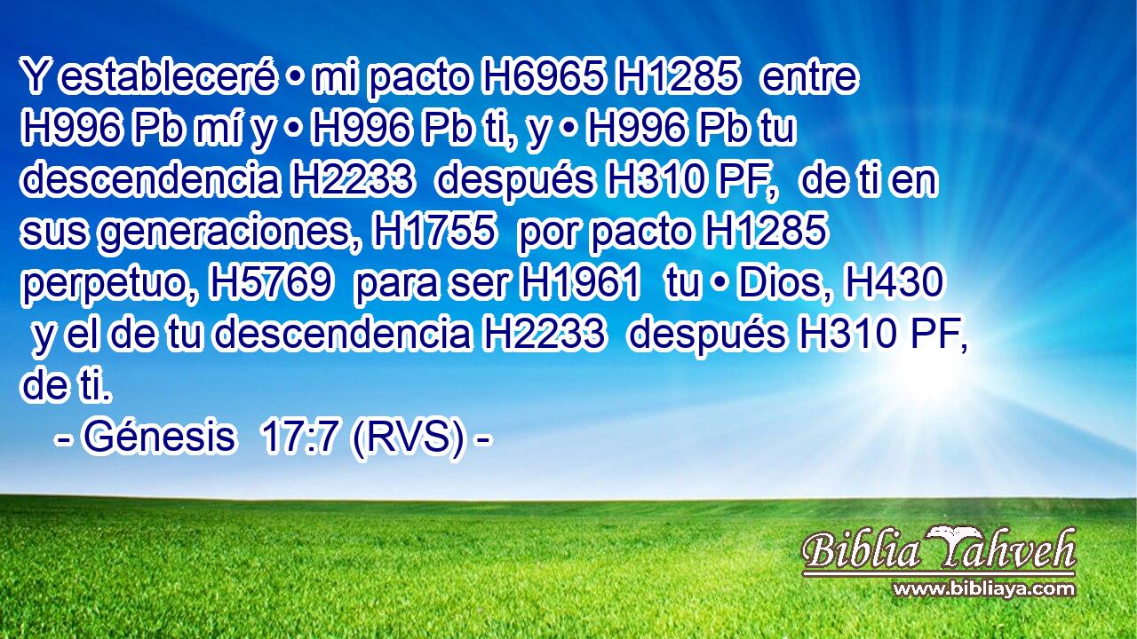 Y estableceré • mi pacto H6965 H1285  entre H996 Pb mí y • H996 Pb ti, y • H996 Pb tu descendencia H2233  después H310 PF,  de ti en sus generaciones, H1755  por pacto H1285  perpetuo, H5769  para ser H1961  tu • Dios, H430  y el de tu descendencia H2233  después H310 PF,  de ti. 