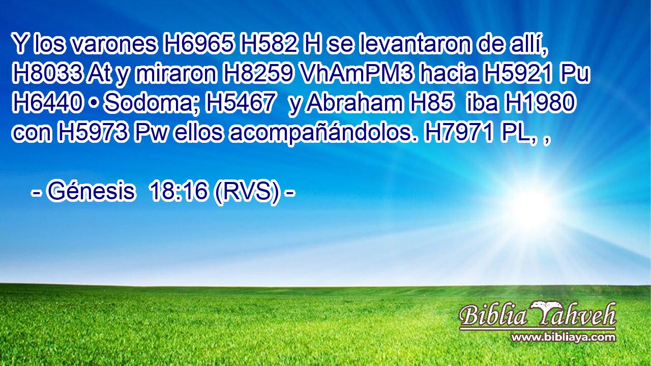 Y los varones H6965 H582 H se levantaron de allí, H8033 At y miraron H8259 VhAmPM3 hacia H5921 Pu H6440 • Sodoma; H5467  y Abraham H85  iba H1980  con H5973 Pw ellos acompañándolos. H7971 PL, ,  