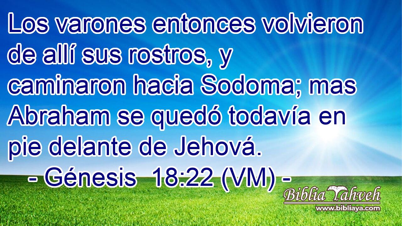  Los varones entonces volvieron de allí sus rostros, y caminaron hacia Sodoma; mas Abraham se quedó todavía en pie delante de Jehová. 