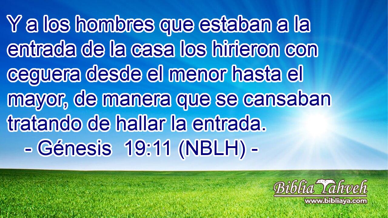  Y a los hombres que estaban a la entrada de la casa los hirieron con ceguera desde el menor hasta el mayor, de manera que se cansaban tratando de hallar la entrada. 
