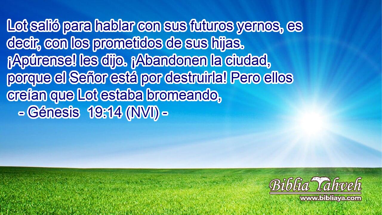  Lot salió para hablar con sus futuros yernos, es decir, con los prometidos de sus hijas. ¡Apúrense! les dijo. ¡Abandonen la ciudad, porque el Señor está por destruirla! Pero ellos creían que Lot estaba bromeando, 