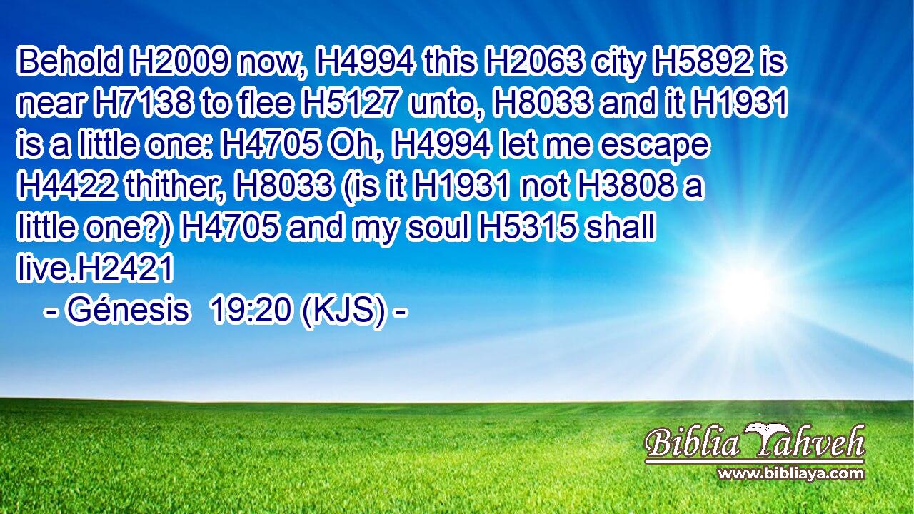 Behold H2009 now, H4994 this H2063 city H5892 is near H7138 to flee H5127 unto, H8033 and it H1931 is a little one: H4705 Oh, H4994 let me escape H4422 thither, H8033 (is it H1931 not H3808 a little one?) H4705 and my soul H5315 shall live.H2421
