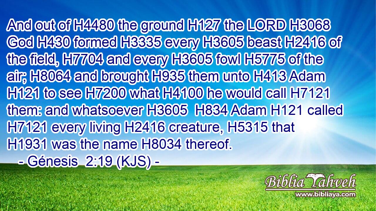And out of H4480 the ground H127 the LORD H3068 God H430 formed H3335 every H3605 beast H2416 of the field, H7704 and every H3605 fowl H5775 of the air; H8064 and brought H935 them unto H413 Adam H121 to see H7200 what H4100 he would call H7121 them: and whatsoever H3605  H834 Adam H121 called H7121 every living H2416 creature, H5315 that H1931 was the name H8034 thereof.