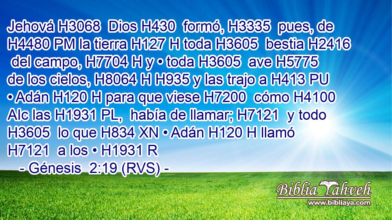 Jehová H3068  Dios H430  formó, H3335  pues, de H4480 PM la tierra H127 H toda H3605  bestia H2416  del campo, H7704 H y • toda H3605  ave H5775  de los cielos, H8064 H H935 y las trajo a H413 PU • Adán H120 H para que viese H7200  cómo H4100 AIc las H1931 PL,  había de llamar; H7121  y todo H3605  lo que H834 XN • Adán H120 H llamó H7121  a los • H1931 R