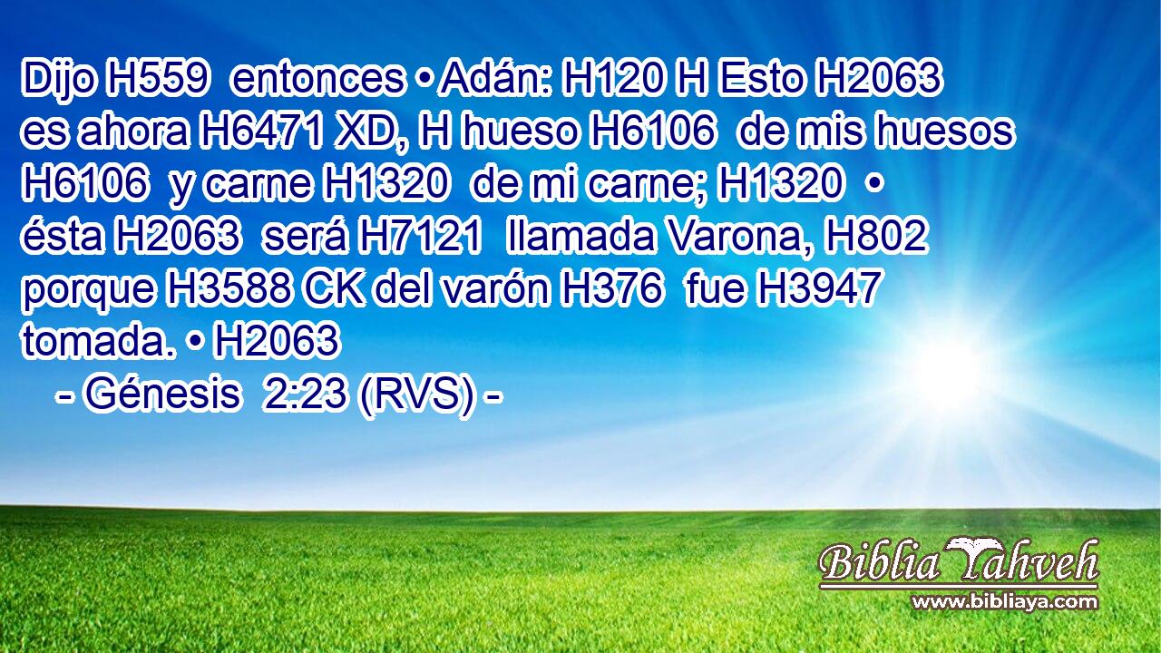 Dijo H559  entonces • Adán: H120 H Esto H2063  es ahora H6471 XD, H hueso H6106  de mis huesos H6106  y carne H1320  de mi carne; H1320  • ésta H2063  será H7121  llamada Varona, H802  porque H3588 CK del varón H376  fue H3947  tomada. • H2063  