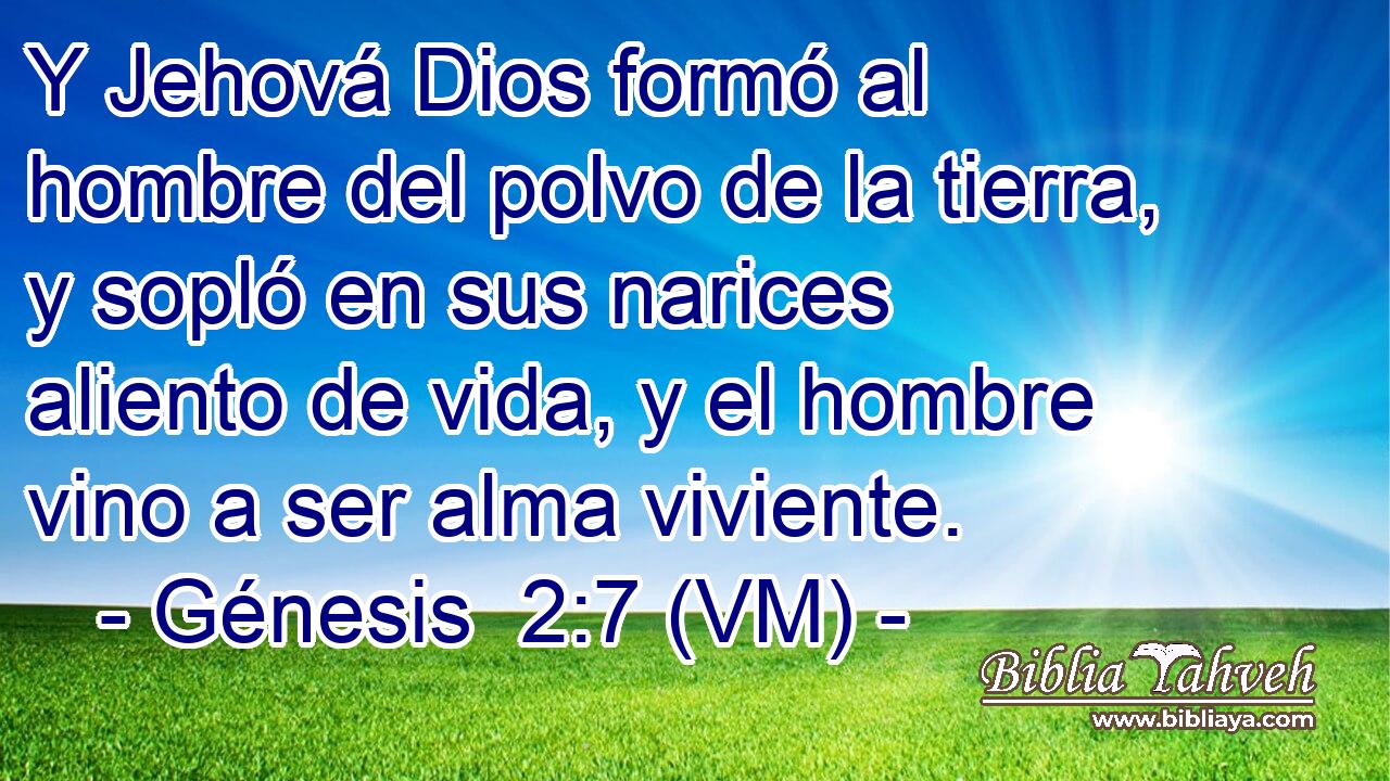  Y Jehová Dios formó al hombre del polvo de la tierra, y sopló en sus narices aliento de vida, y el hombre vino a ser alma viviente. 