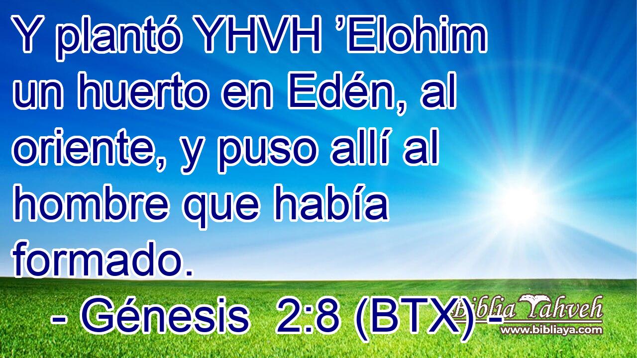 Y plantó YHVH ’Elohim un huerto en Edén, al oriente, y puso allí al hombre que había formado.