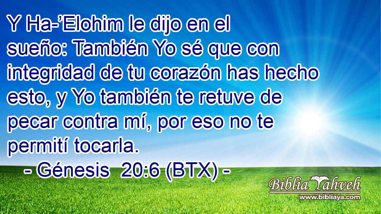 Y Ha-’Elohim le dijo en el sueño: También Yo sé que con integridad de tu corazón has hecho esto, y Yo también te retuve de pecar contra mí, por eso no te permití tocarla.