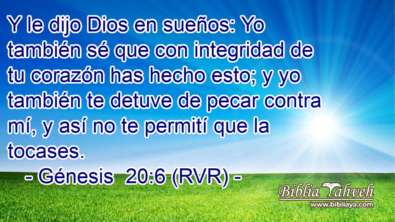 Y le dijo Dios en sueños: Yo también sé que con integridad de tu corazón has hecho esto; y yo también te detuve de pecar contra mí, y así no te permití que la tocases.