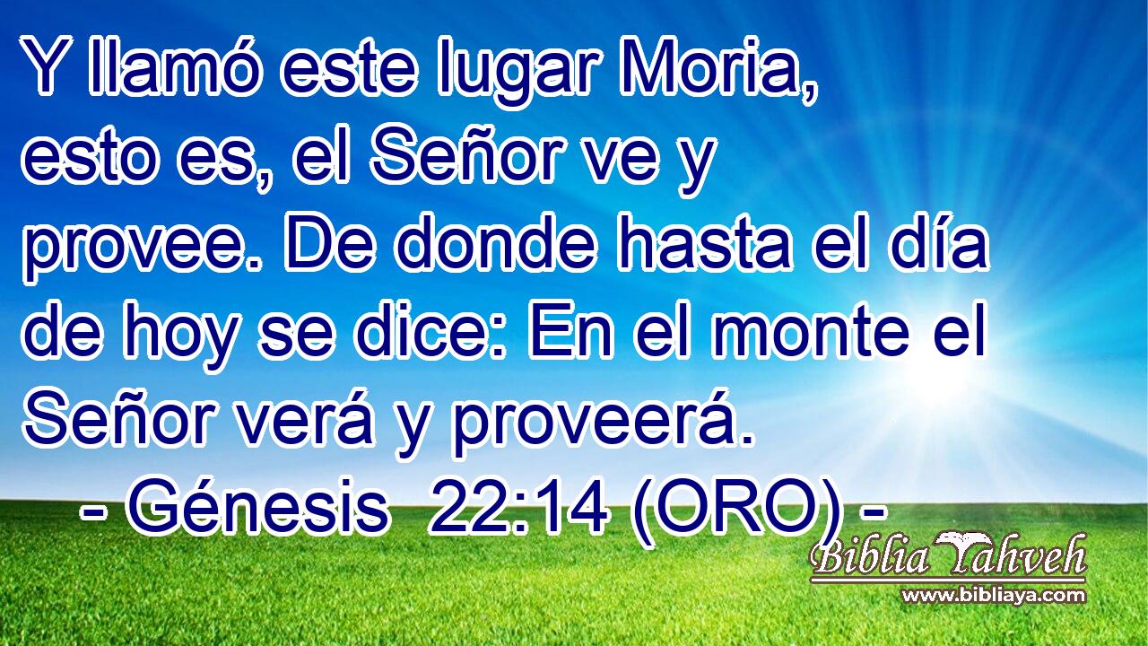  Y llamó este lugar Moria, esto es, el Señor ve y provee. De donde hasta el día de hoy se dice: En el monte el Señor verá y proveerá. 