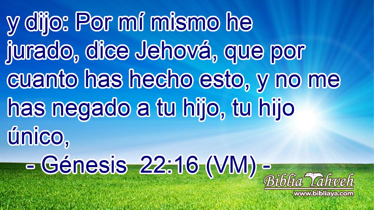  y dijo: Por mí mismo he jurado, dice Jehová, que por cuanto has hecho esto, y no me has negado a tu hijo, tu hijo único, 
