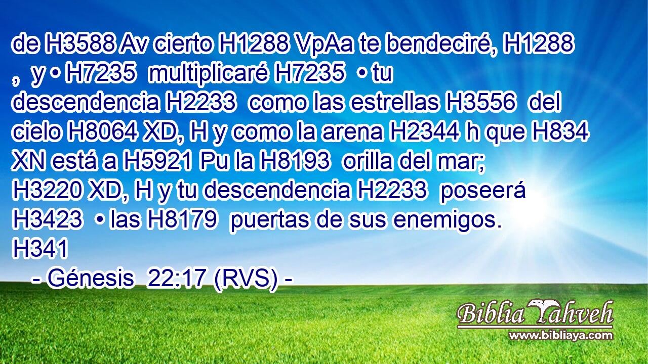 de H3588 Av cierto H1288 VpAa te bendeciré, H1288 ,  y • H7235  multiplicaré H7235  • tu descendencia H2233  como las estrellas H3556  del cielo H8064 XD, H y como la arena H2344 h que H834 XN está a H5921 Pu la H8193  orilla del mar; H3220 XD, H y tu descendencia H2233  poseerá H3423  • las H8179  puertas de sus enemigos. H341  
