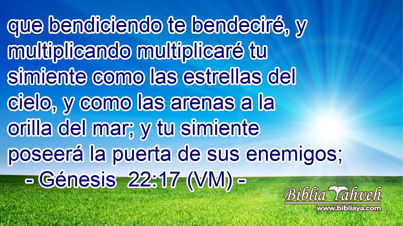  que bendiciendo te bendeciré, y multiplicando multiplicaré tu simiente como las estrellas del cielo, y como las arenas a la orilla del mar; y tu simiente poseerá la puerta de sus enemigos; 