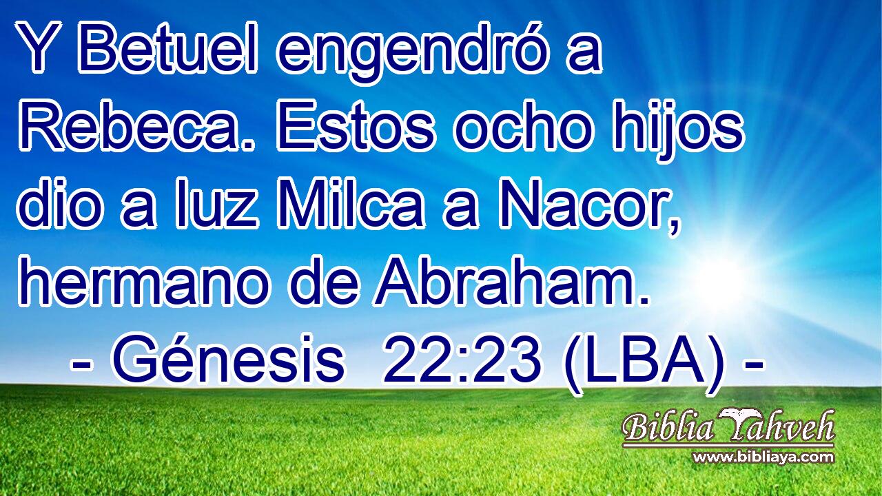 Y Betuel engendró a Rebeca. Estos ocho hijos dio a luz Milca a Nacor, hermano de Abraham.