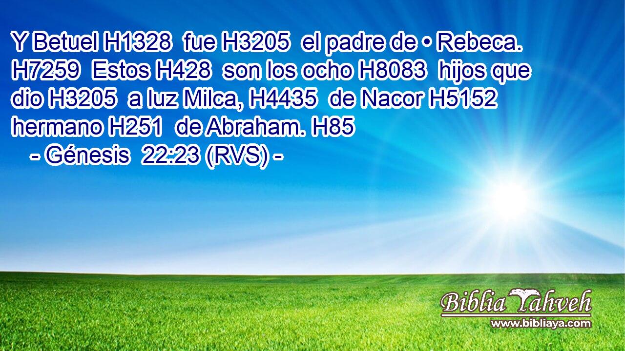 Y Betuel H1328  fue H3205  el padre de • Rebeca. H7259  Estos H428  son los ocho H8083  hijos que dio H3205  a luz Milca, H4435  de Nacor H5152  hermano H251  de Abraham. H85  