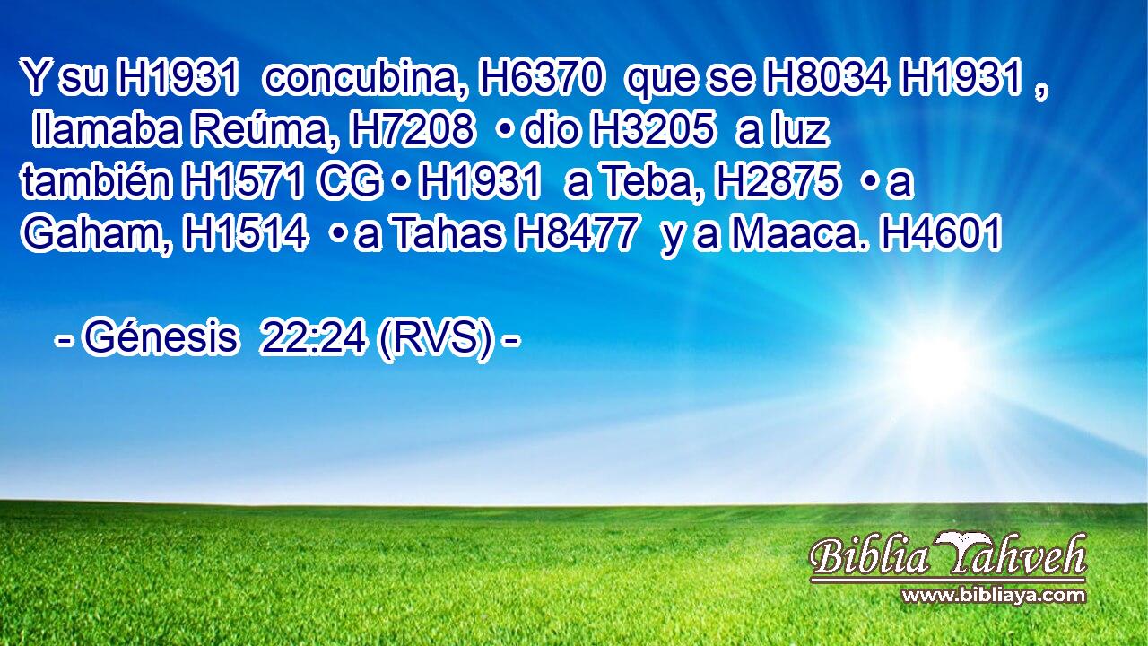 Y su H1931  concubina, H6370  que se H8034 H1931 ,  llamaba Reúma, H7208  • dio H3205  a luz también H1571 CG • H1931  a Teba, H2875  • a Gaham, H1514  • a Tahas H8477  y a Maaca. H4601  