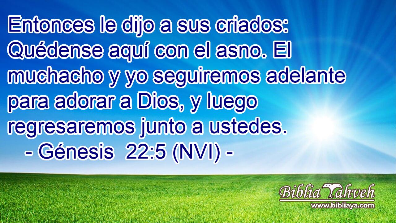  Entonces le dijo a sus criados: Quédense aquí con el asno. El muchacho y yo seguiremos adelante para adorar a Dios, y luego regresaremos junto a ustedes. 