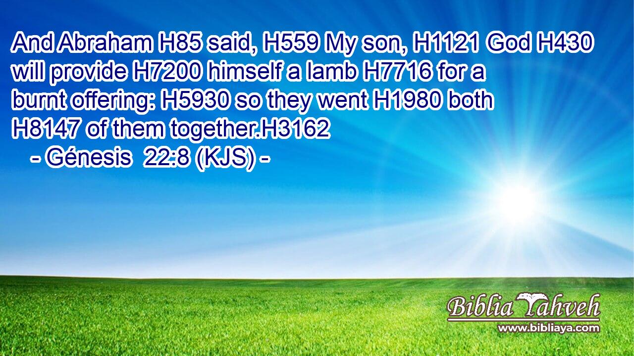 And Abraham H85 said, H559 My son, H1121 God H430 will provide H7200 himself a lamb H7716 for a burnt offering: H5930 so they went H1980 both H8147 of them together.H3162