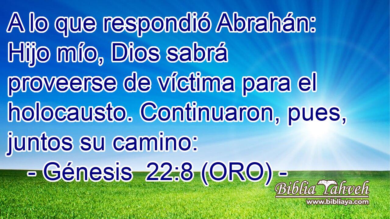  A lo que respondió Abrahán: Hijo mío, Dios sabrá proveerse de víctima para el holocausto. Continuaron, pues, juntos su camino: 