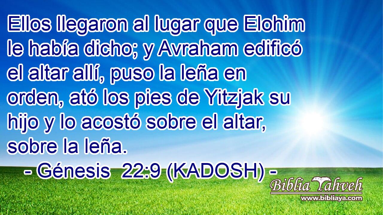  Ellos llegaron al lugar que Elohim le había dicho; y Avraham edificó el altar allí, puso la leña en orden, ató los pies de Yitzjak su hijo y lo acostó sobre el altar, sobre la leña. 