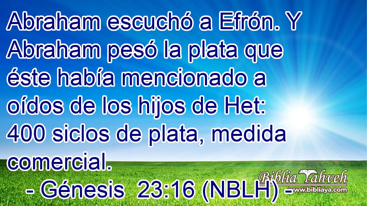  Abraham escuchó a Efrón. Y Abraham pesó la plata que éste había mencionado a oídos de los hijos de Het: 400 siclos de plata, medida comercial. 