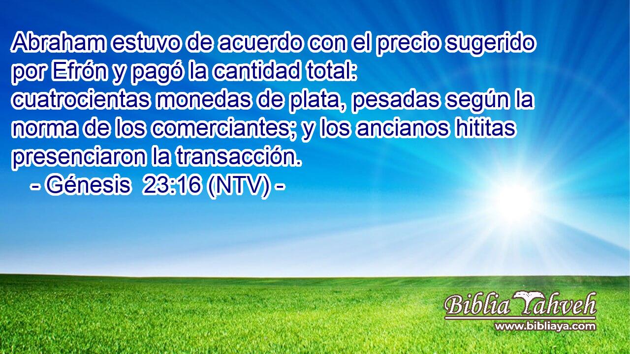 Abraham estuvo de acuerdo con el precio sugerido por Efrón y pagó la cantidad total: cuatrocientas monedas de plata, pesadas según la norma de los comerciantes; y los ancianos hititas presenciaron la transacción.