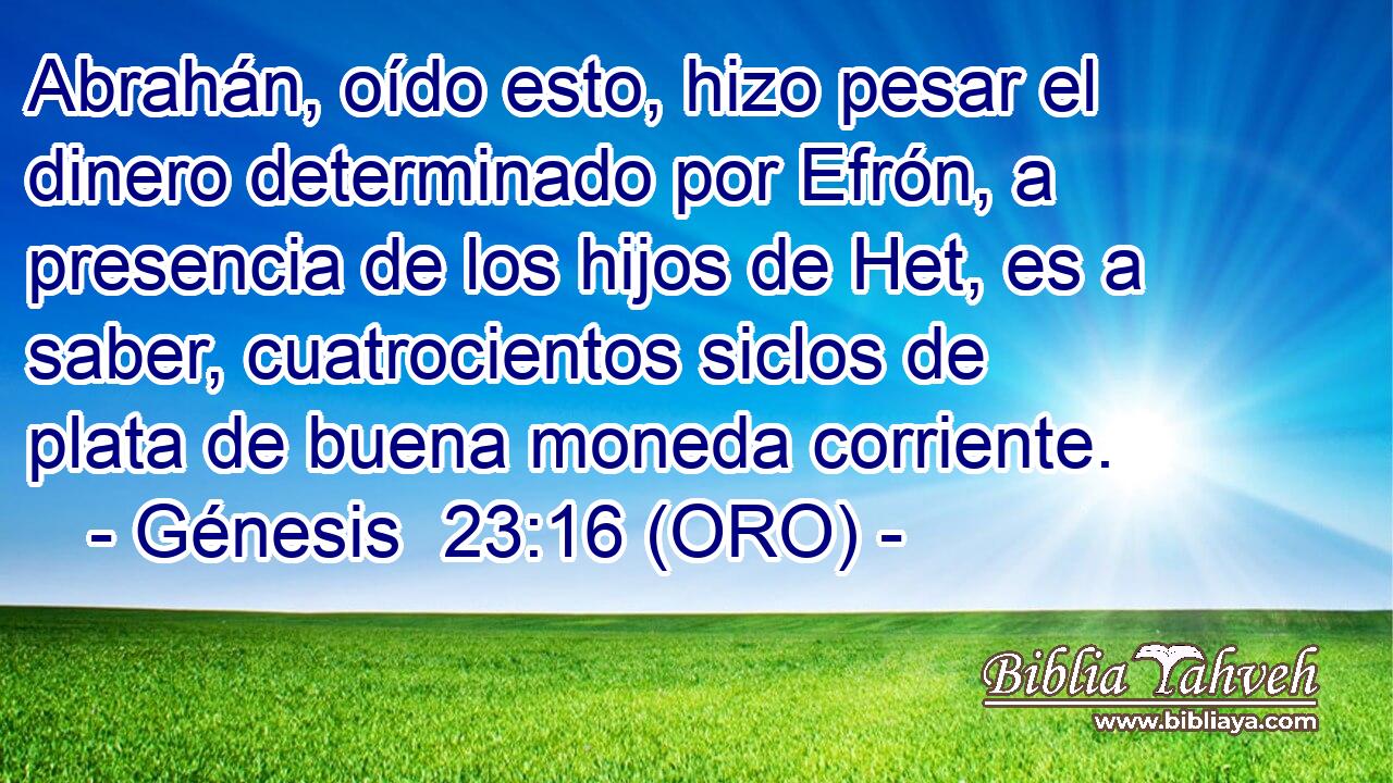  Abrahán, oído esto, hizo pesar el dinero determinado por Efrón, a presencia de los hijos de Het, es a saber, cuatrocientos siclos de plata de buena moneda corriente. 