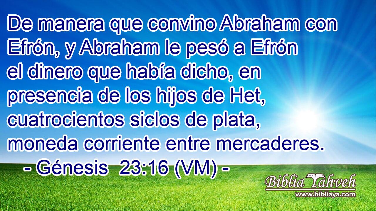  De manera que convino Abraham con Efrón, y Abraham le pesó a Efrón el dinero que había dicho, en presencia de los hijos de Het, cuatrocientos siclos de plata, moneda corriente entre mercaderes. 