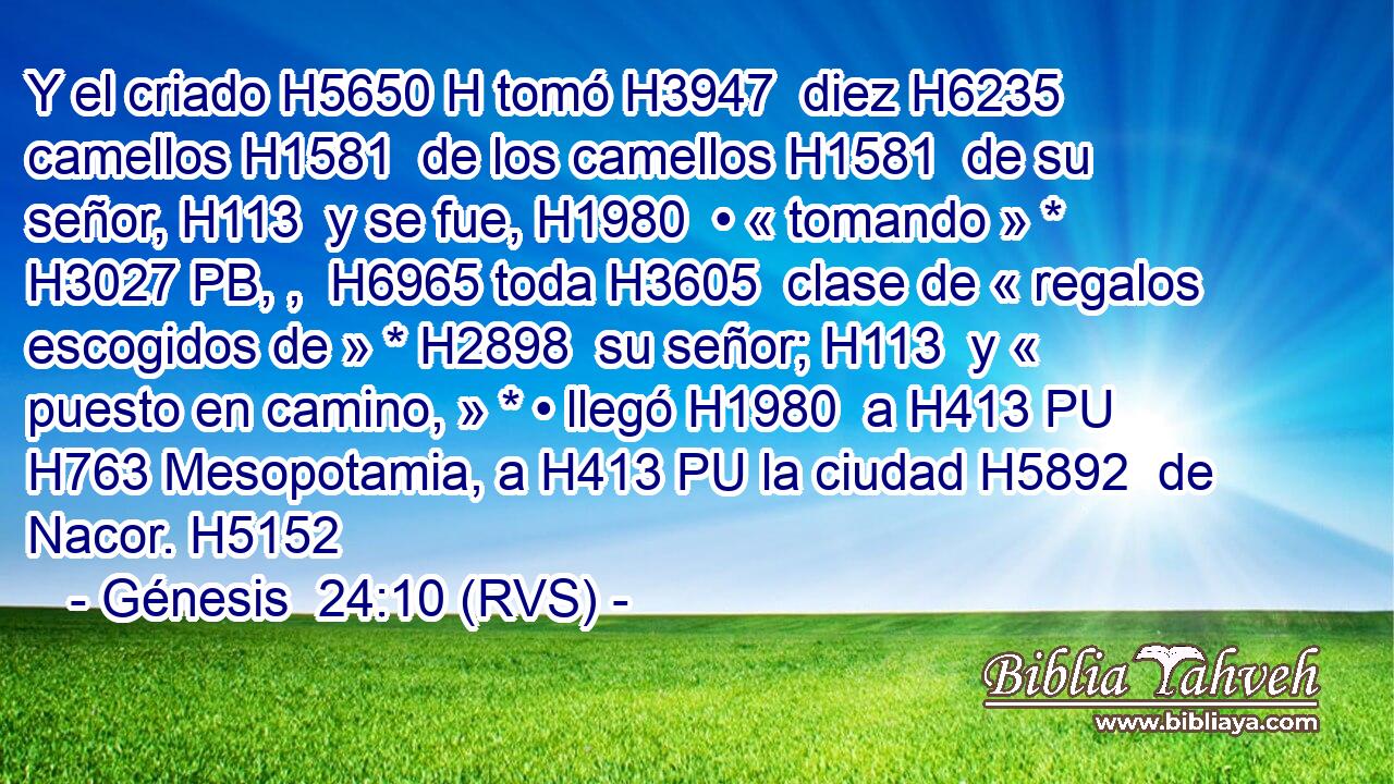 Y el criado H5650 H tomó H3947  diez H6235  camellos H1581  de los camellos H1581  de su señor, H113  y se fue, H1980  • « tomando » * H3027 PB, ,  H6965 toda H3605  clase de « regalos escogidos de » * H2898  su señor; H113  y « puesto en camino, » * • llegó H1980  a H413 PU H763 Mesopotamia, a H413 PU la ciudad H5892  de Nacor. H5152  