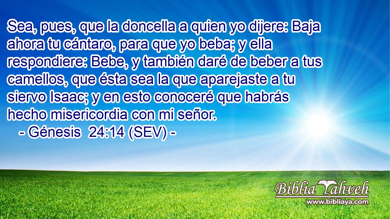 Sea, pues, que la doncella a quien yo dijere: Baja ahora tu cántaro, para que yo beba; y ella respondiere: Bebe, y también daré de beber a tus camellos, que ésta sea la que aparejaste a tu siervo Isaac; y en esto conoceré que habrás hecho misericordia con mi señor.