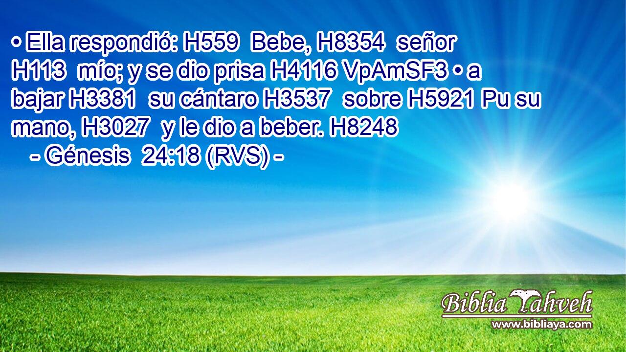 • Ella respondió: H559  Bebe, H8354  señor H113  mío; y se dio prisa H4116 VpAmSF3 • a bajar H3381  su cántaro H3537  sobre H5921 Pu su mano, H3027  y le dio a beber. H8248  
