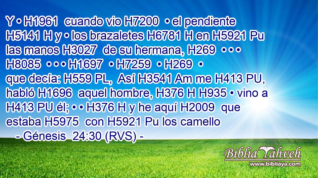 Y • H1961  cuando vio H7200  • el pendiente H5141 H y • los brazaletes H6781 H en H5921 Pu las manos H3027  de su hermana, H269  • • • H8085  • • • H1697  • H7259  • H269  • que decía: H559 PL,  Así H3541 Am me H413 PU,  habló H1696  aquel hombre, H376 H H935 • vino a H413 PU él; • • H376 H y he aquí H2009  que estaba H5975  con H5921 Pu los camello