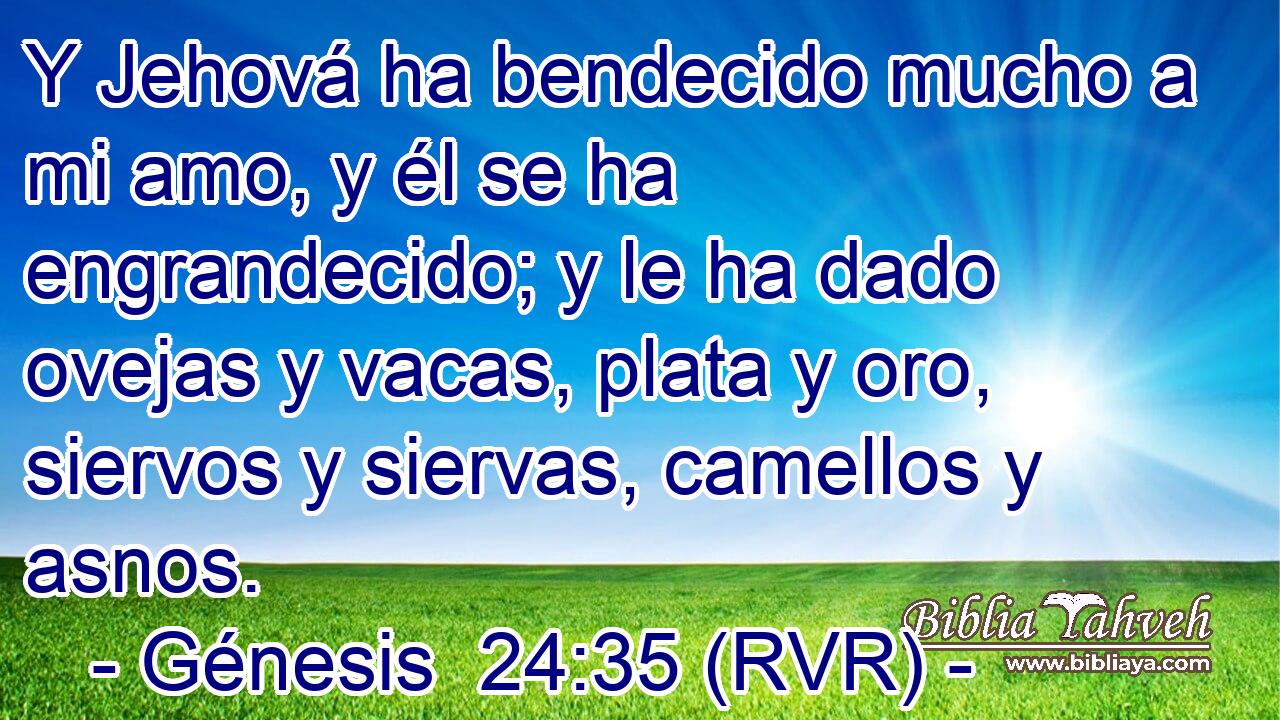 Y Jehová ha bendecido mucho a mi amo, y él se ha engrandecido; y le ha dado ovejas y vacas, plata y oro, siervos y siervas, camellos y asnos.