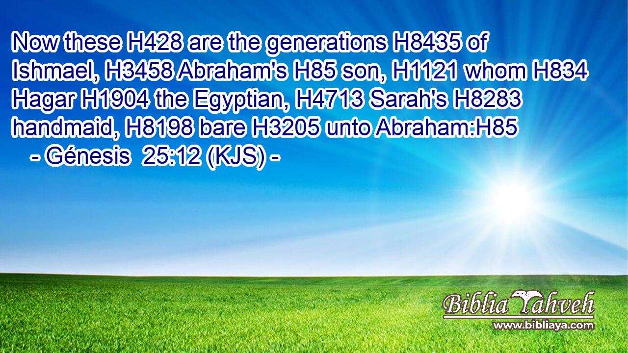 Now these H428 are the generations H8435 of Ishmael, H3458 Abraham's H85 son, H1121 whom H834 Hagar H1904 the Egyptian, H4713 Sarah's H8283 handmaid, H8198 bare H3205 unto Abraham:H85