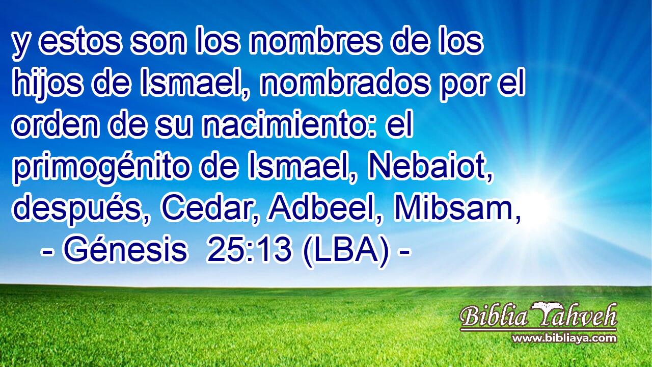 y estos son los nombres de los hijos de Ismael, nombrados por el orden de su nacimiento: el primogénito de Ismael, Nebaiot, después, Cedar, Adbeel, Mibsam,