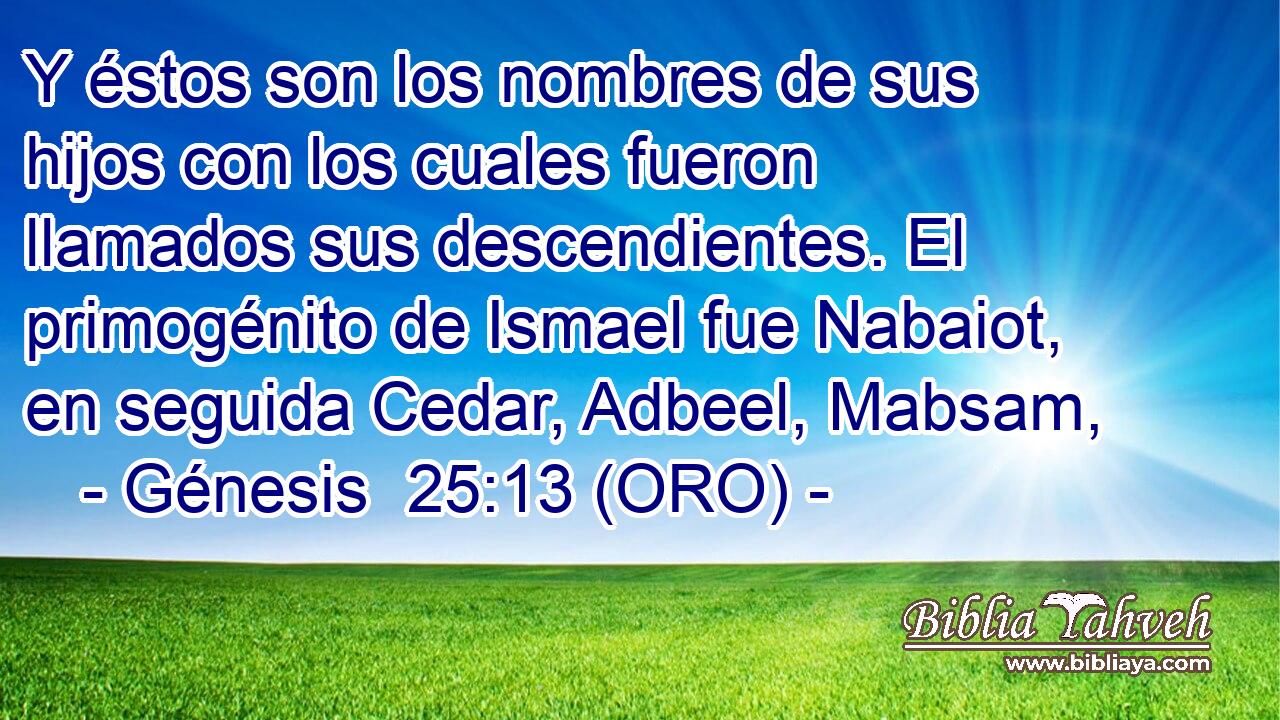  Y éstos son los nombres de sus hijos con los cuales fueron llamados sus descendientes. El primogénito de Ismael fue Nabaiot, en seguida Cedar, Adbeel, Mabsam, 