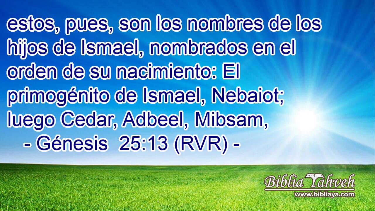 estos, pues, son los nombres de los hijos de Ismael, nombrados en el orden de su nacimiento: El primogénito de Ismael, Nebaiot; luego Cedar, Adbeel, Mibsam,