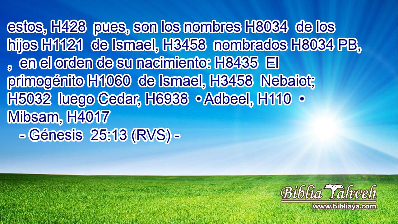 estos, H428  pues, son los nombres H8034  de los hijos H1121  de Ismael, H3458  nombrados H8034 PB, ,  en el orden de su nacimiento: H8435  El primogénito H1060  de Ismael, H3458  Nebaiot; H5032  luego Cedar, H6938  • Adbeel, H110  • Mibsam, H4017  