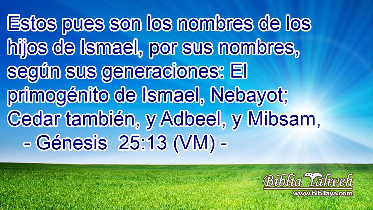  Estos pues son los nombres de los hijos de Ismael, por sus nombres, según sus generaciones: El primogénito de Ismael, Nebayot; Cedar también, y Adbeel, y Mibsam, 